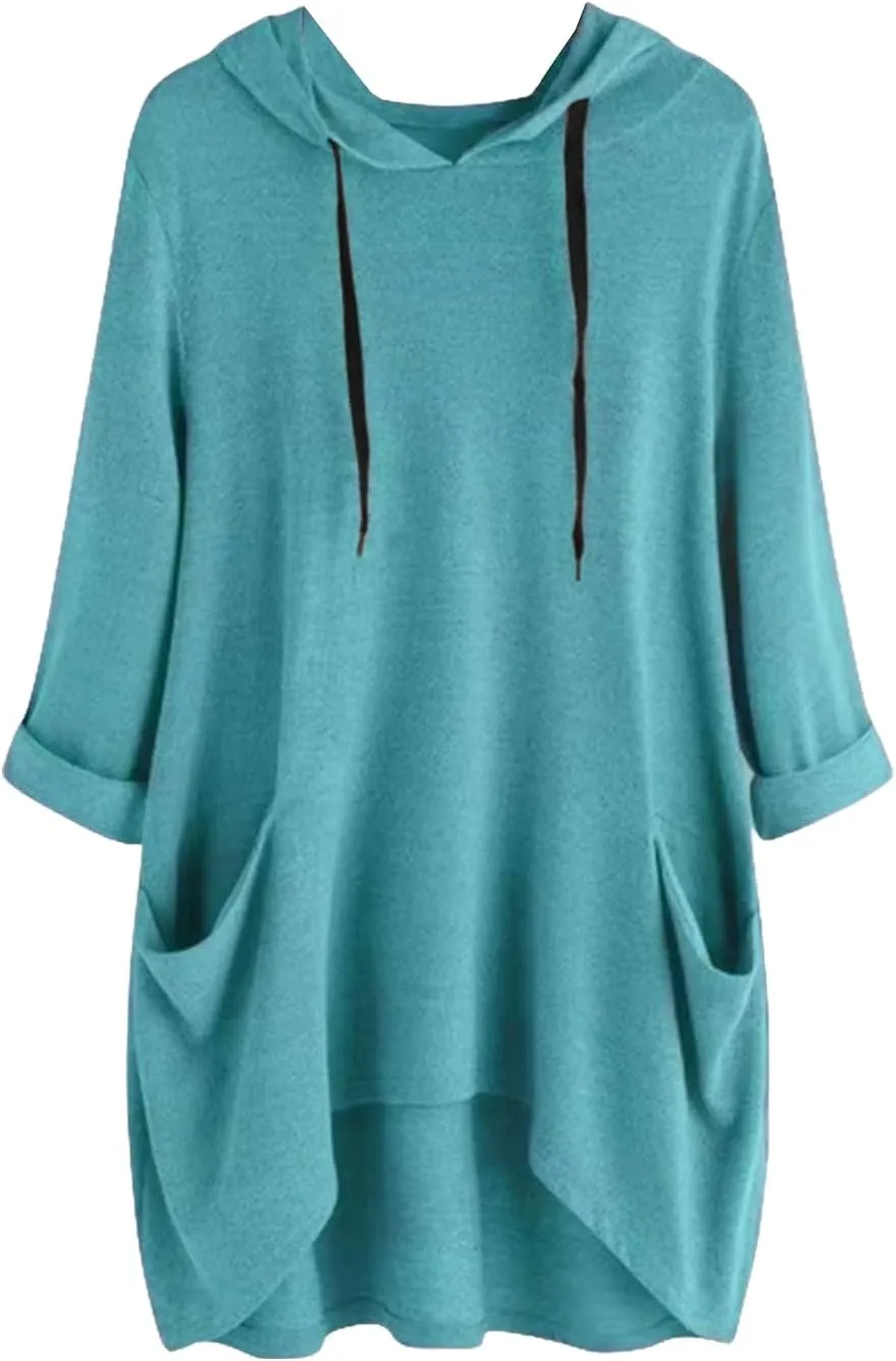 3/4 Sleeve Hoodies for Women 2024 Fall Oversized Tshirt Dress Lightweight Hooded Pullover Tops with Pockets