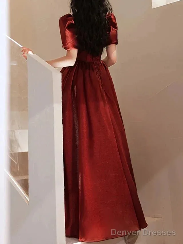 A-Line Bridesmaid Dress Square Neck Short Sleeve Elegant Floor Length Satin With Pleats