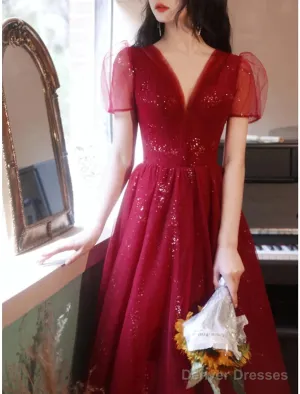 A-Line Bridesmaid Dress V Neck Short Sleeve Elegant Ankle Length Tulle With Sequin