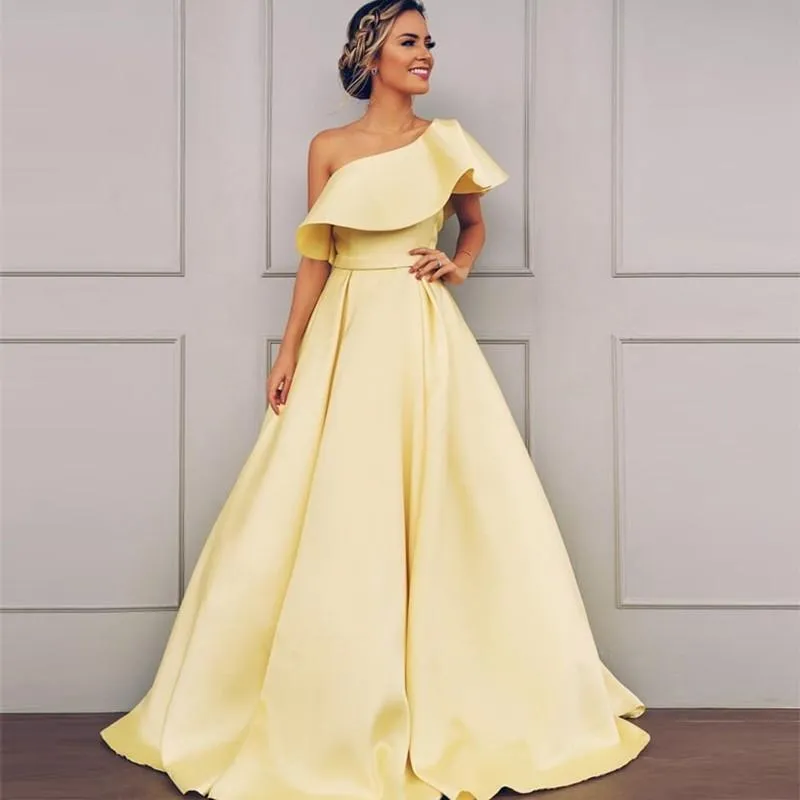 A Line One Shoulder Satin Yellow Simple Prom Dress With Ruched PFP1428