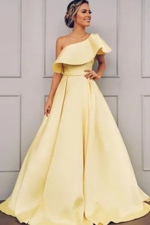 A Line One Shoulder Satin Yellow Simple Prom Dress With Ruched PFP1428