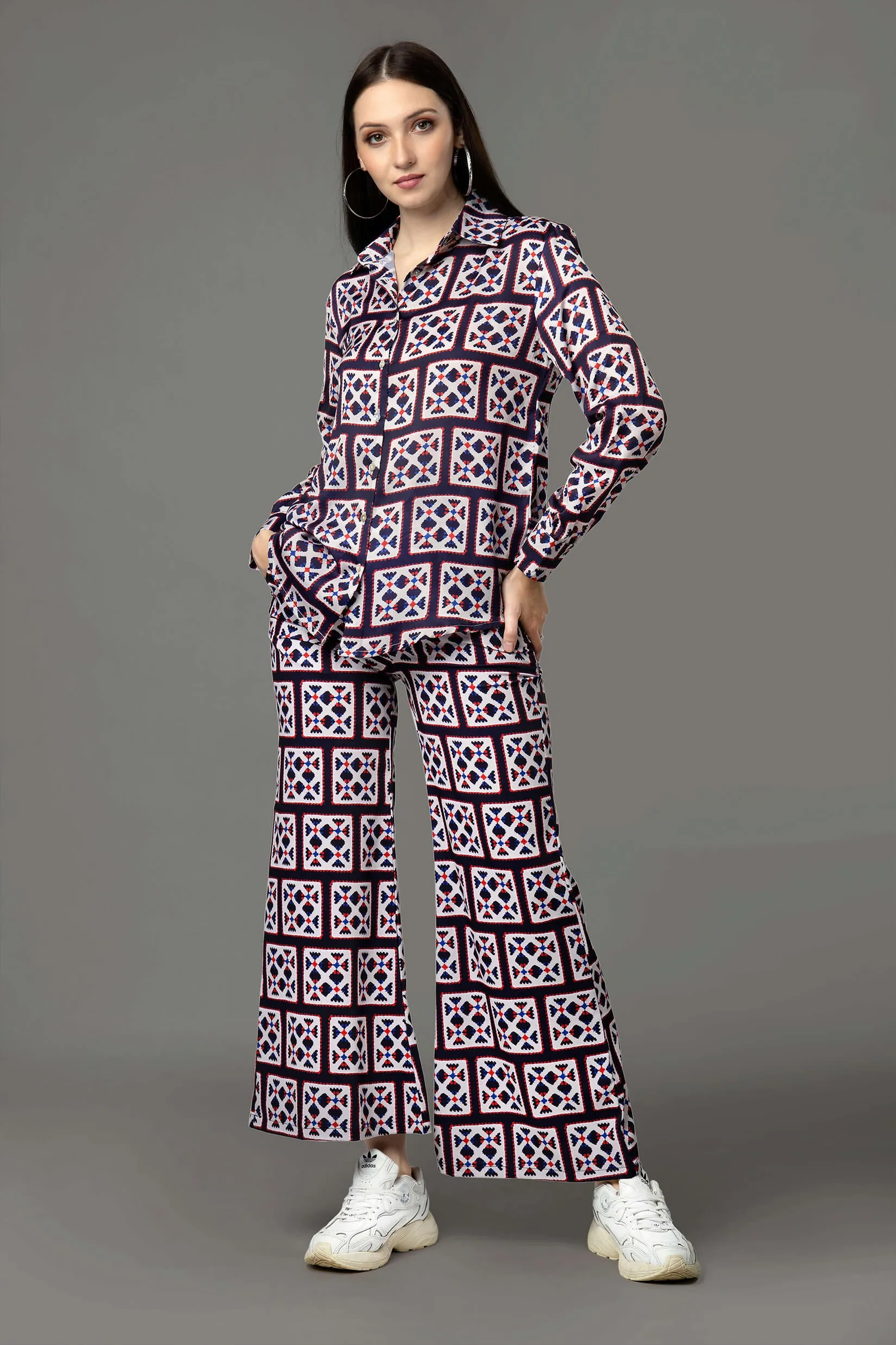 Abstract Collar Neck Flared Bottom Co-Ord Set