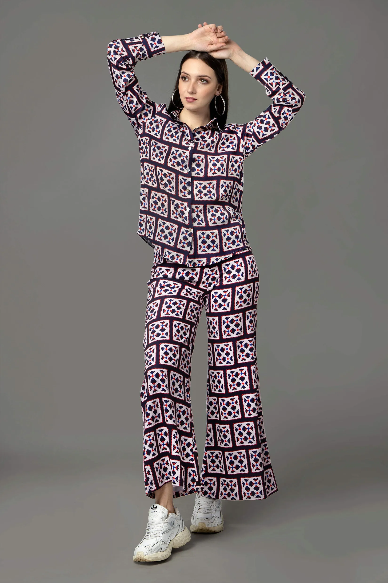 Abstract Collar Neck Flared Bottom Co-Ord Set