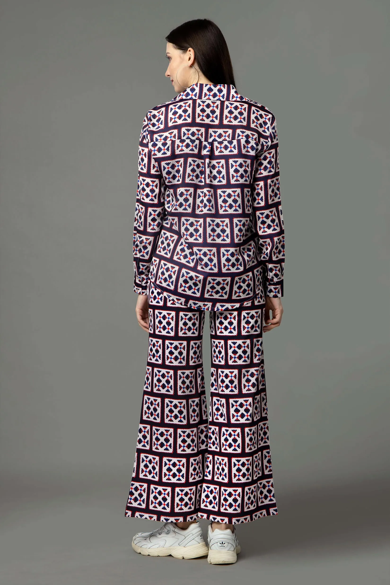 Abstract Collar Neck Flared Bottom Co-Ord Set