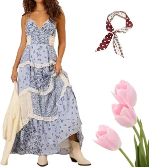 Adernlia Floral Maxi Dress, Women Patchwork Floral Flowy Maxi Dress, Y2k Spaghetti Strap V Neck Beach Dresses