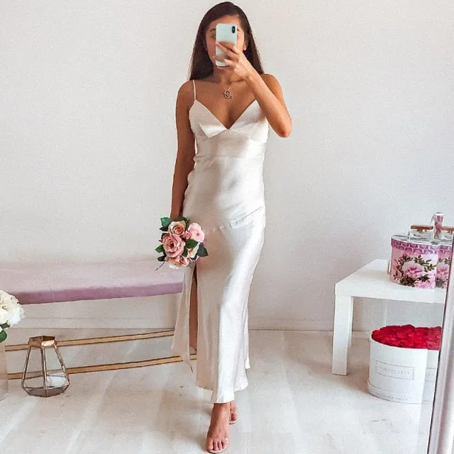 Amy Fashion - Deep V-Neck Satin Side Split Elegant Dresses