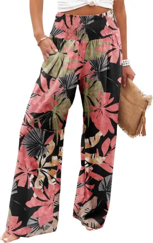 Angerella Womens Elastic High Waisted Palazzo Pants Casual Wide Leg Long Lounge Pant Trousers with Pocket