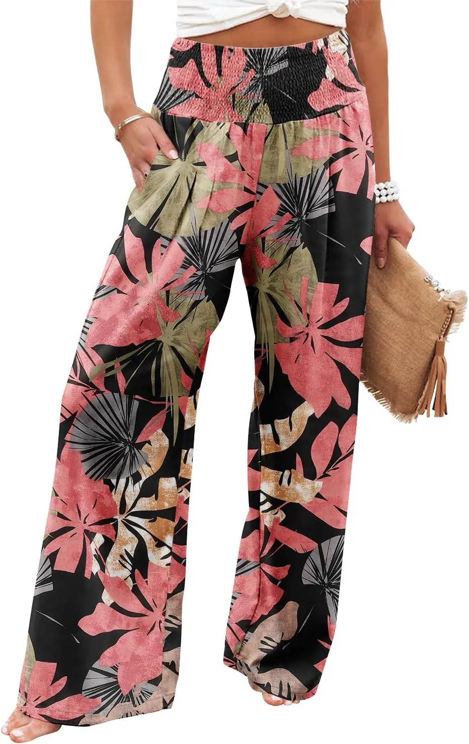 Angerella Womens Elastic High Waisted Palazzo Pants Casual Wide Leg Long Lounge Pant Trousers with Pocket