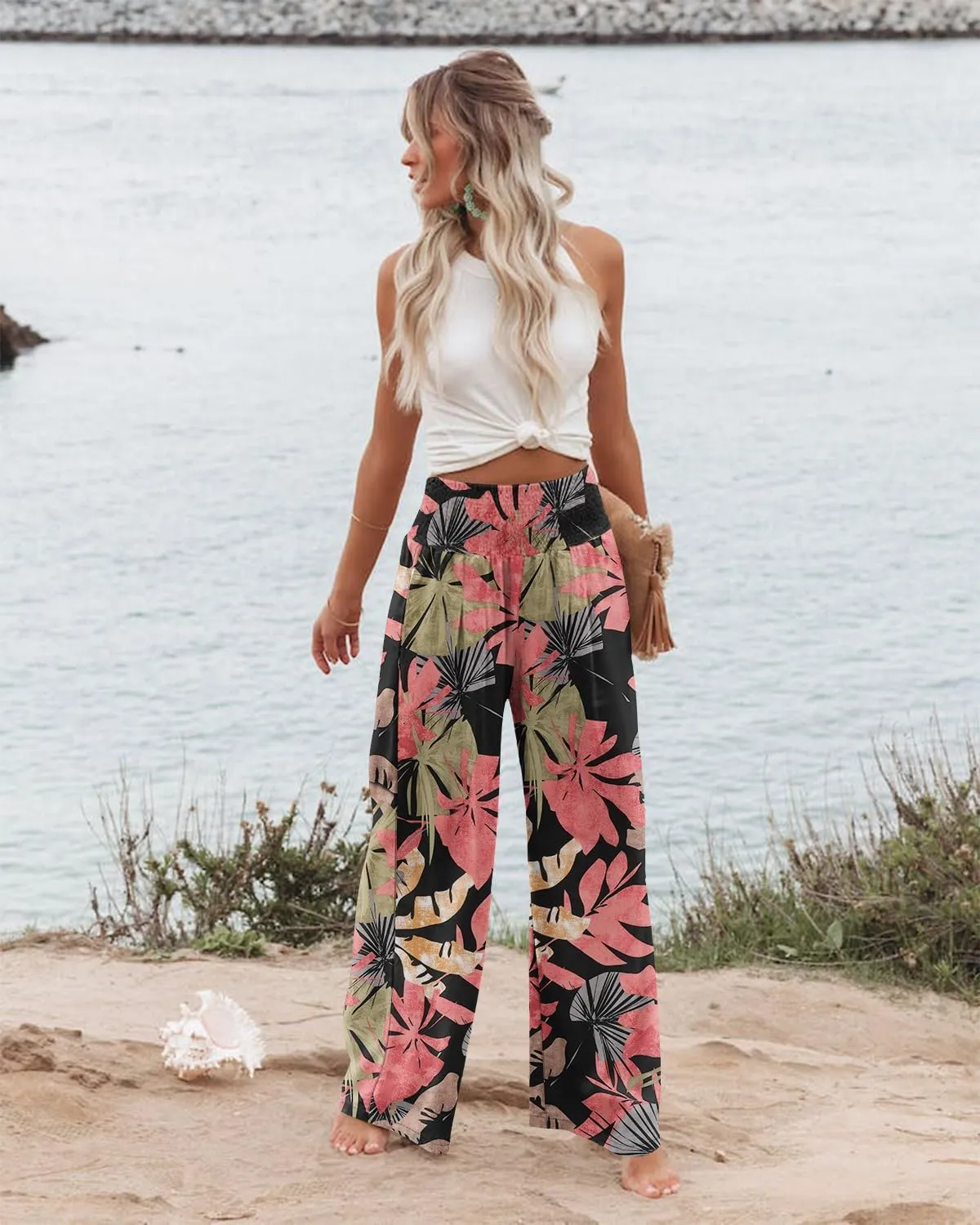 Angerella Womens Elastic High Waisted Palazzo Pants Casual Wide Leg Long Lounge Pant Trousers with Pocket
