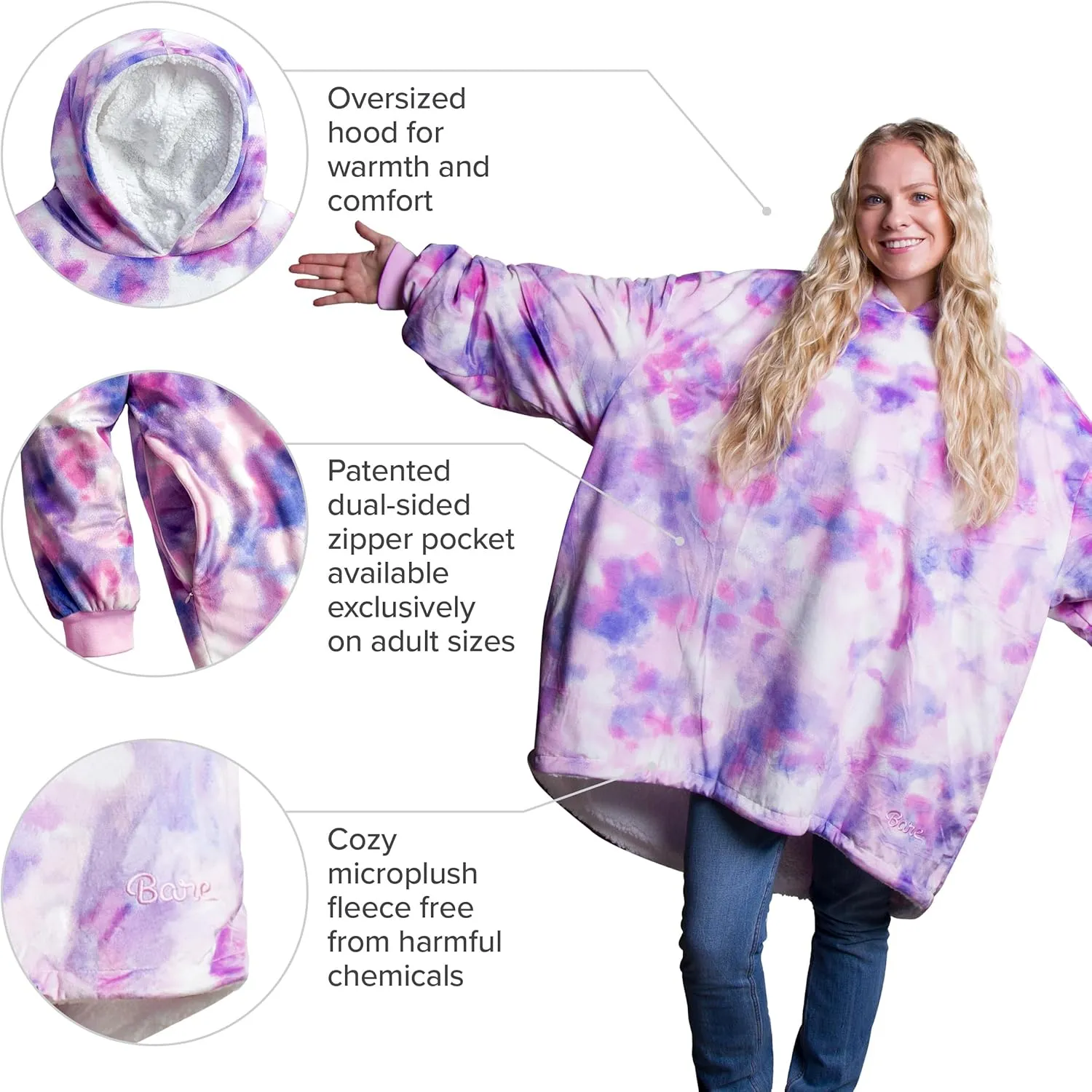 Bare Home Wearable Blanket B-Cozy Hoodie - Soft Plush Sherpa - Warm and Cozy - Oversized Wearable Blanket - Adult & Kid Sizes