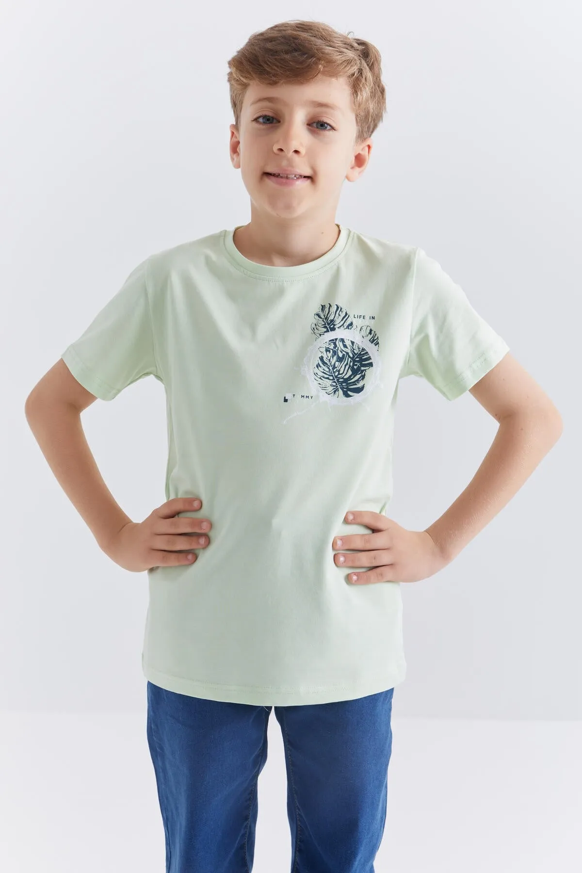 baskili o yaka kisa kollu standart kalip erkek çocuk t-shirt - 10867