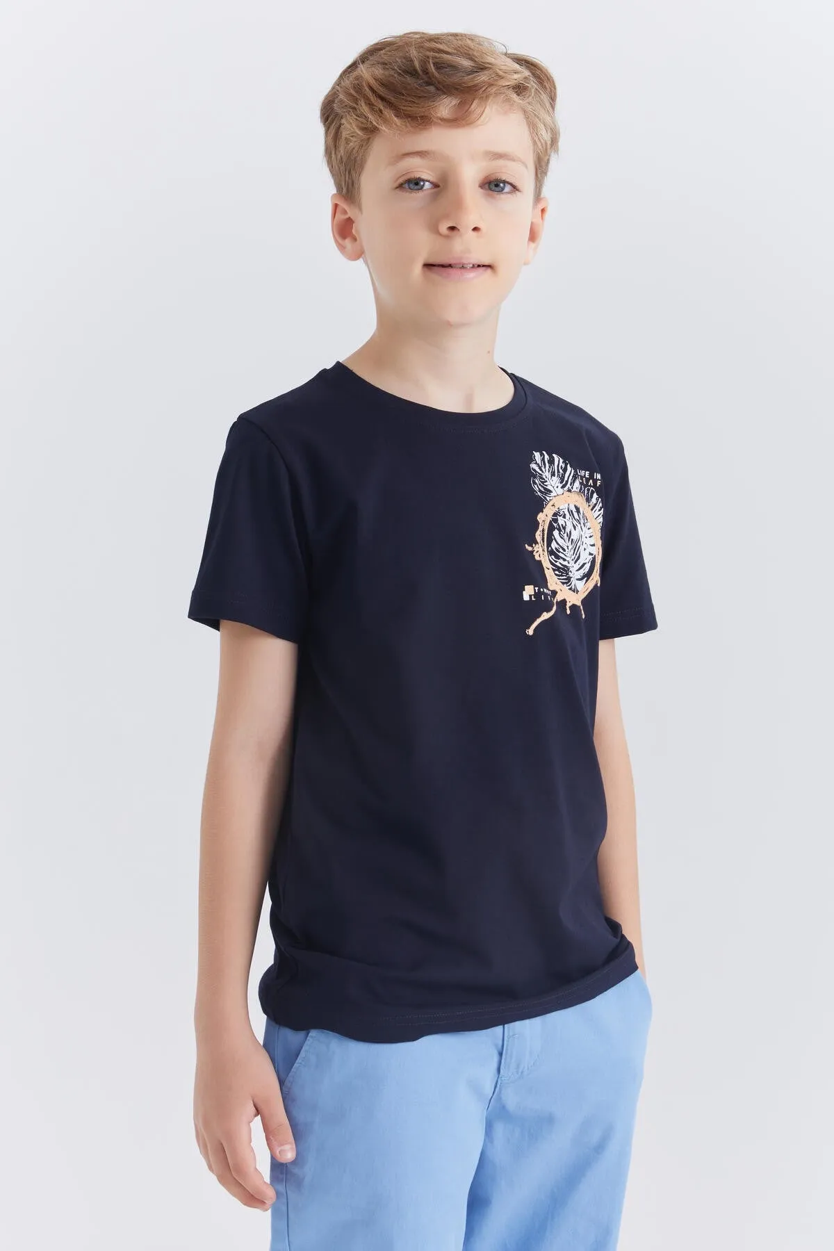 baskili o yaka kisa kollu standart kalip erkek çocuk t-shirt - 10867