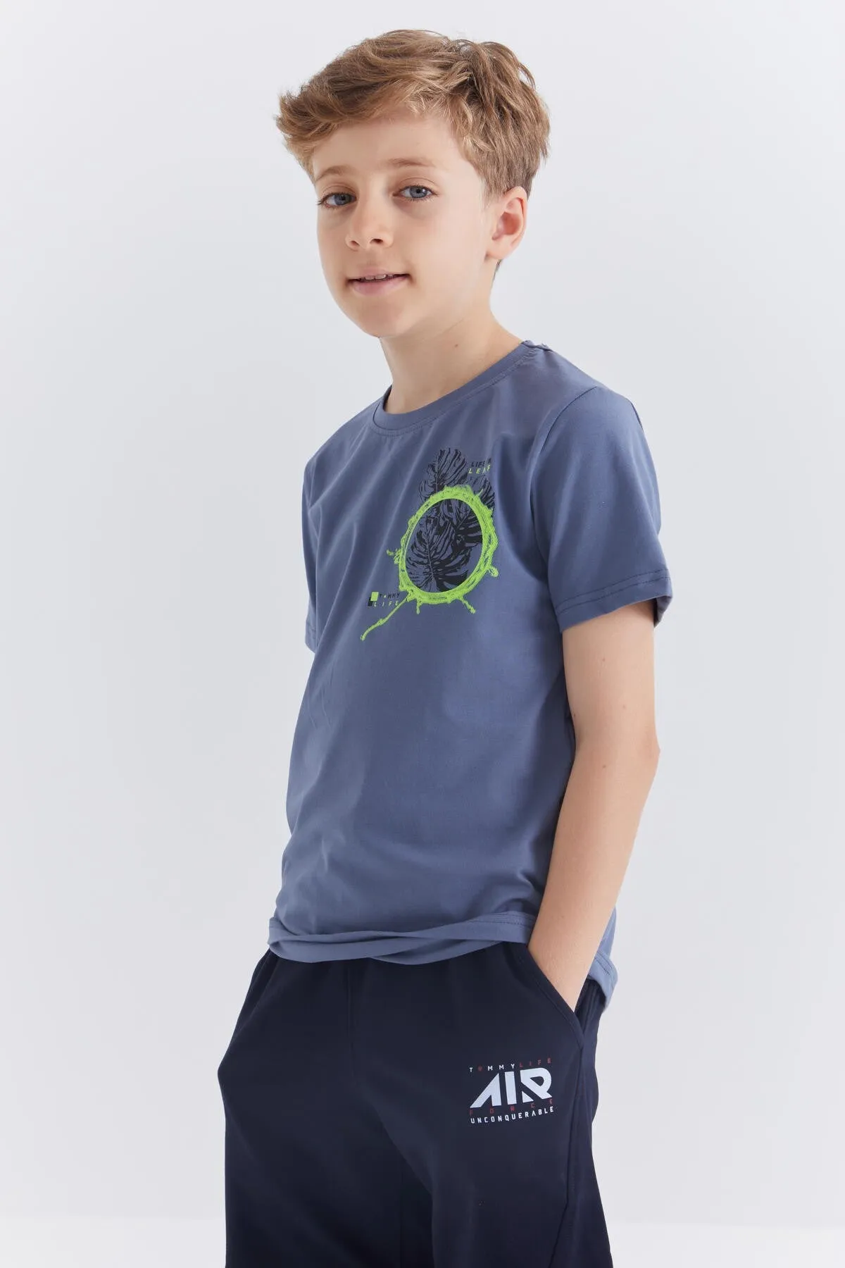 baskili o yaka kisa kollu standart kalip erkek çocuk t-shirt - 10867