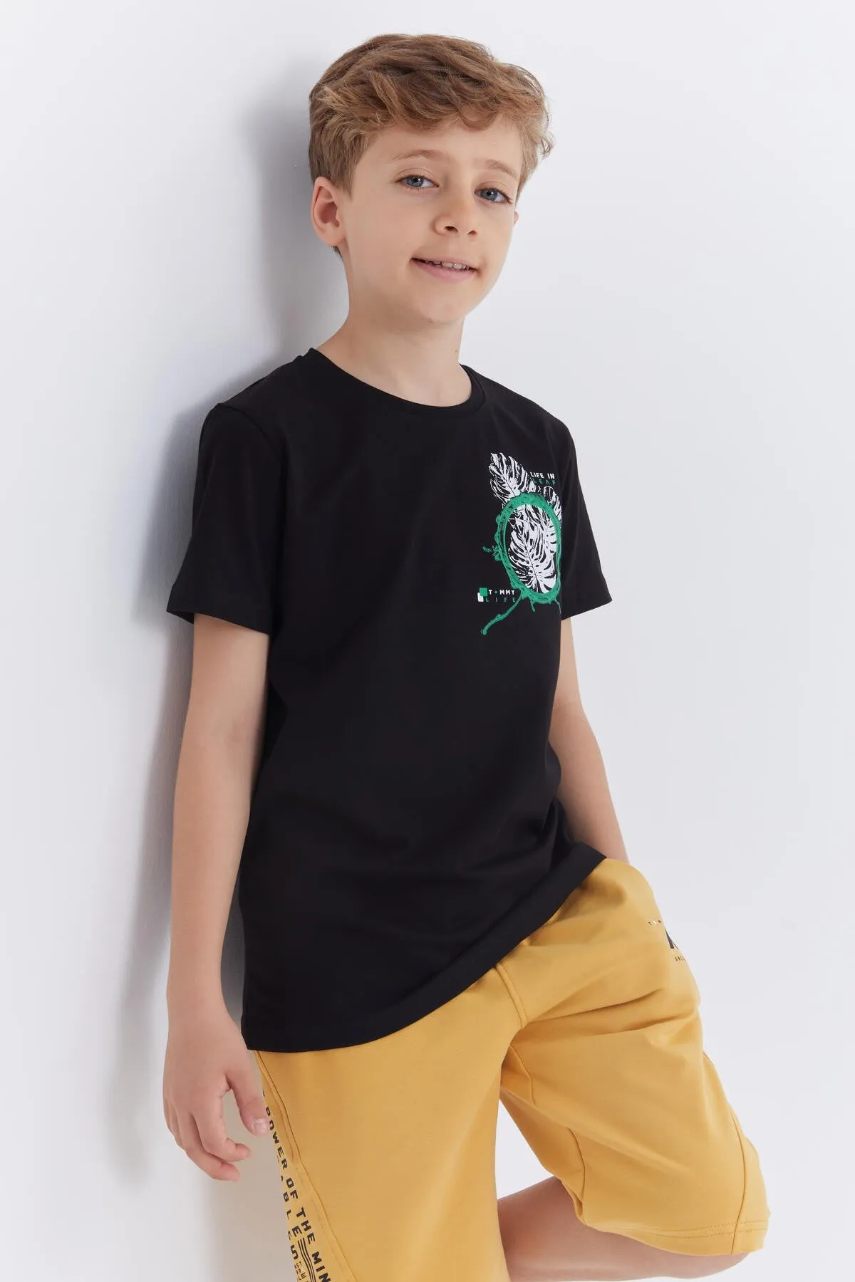 baskili o yaka kisa kollu standart kalip erkek çocuk t-shirt - 10867