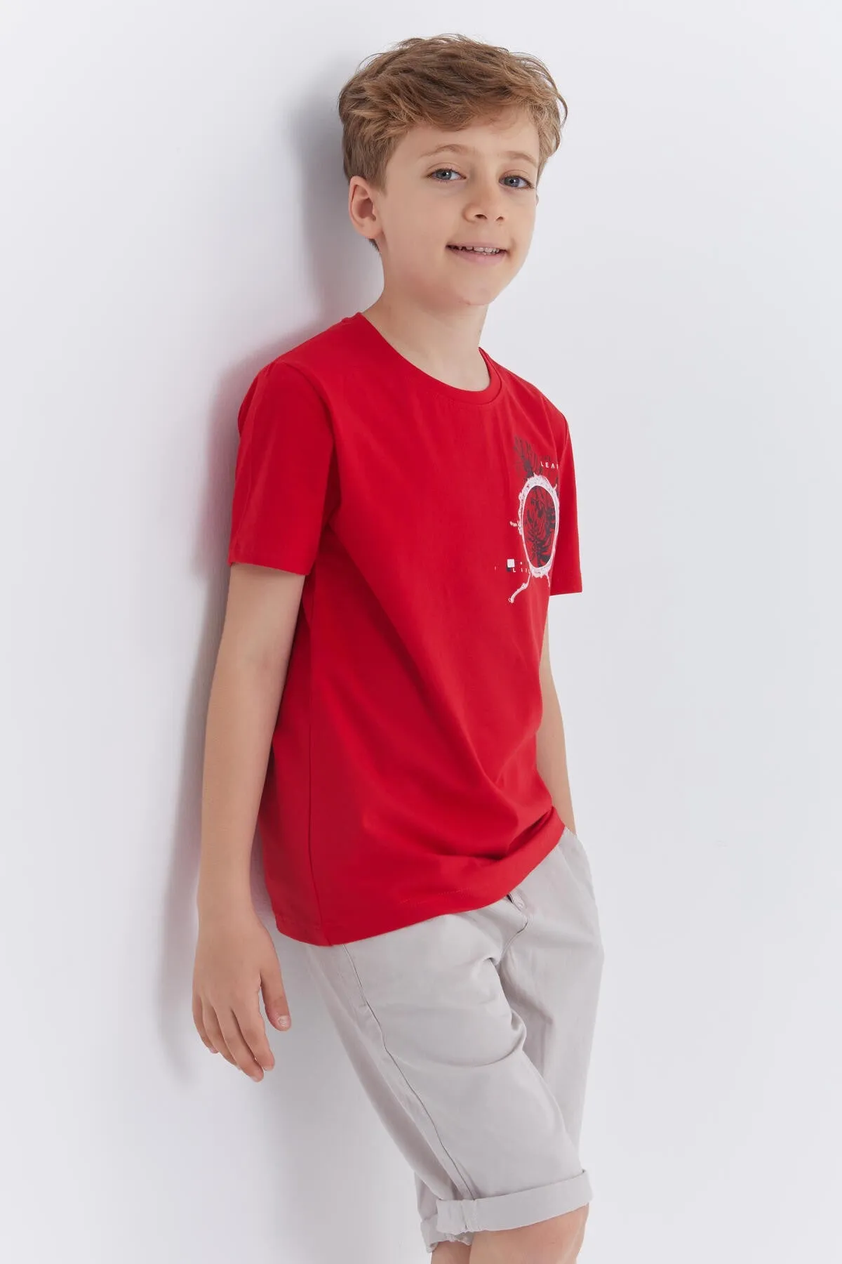 baskili o yaka kisa kollu standart kalip erkek çocuk t-shirt - 10867