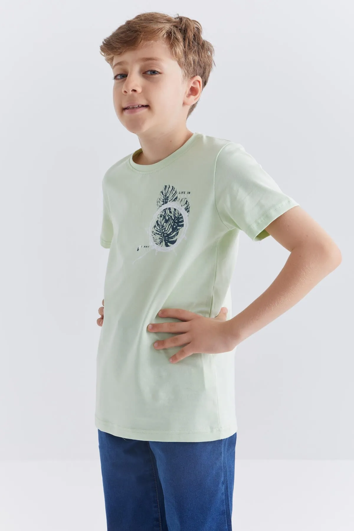 baskili o yaka kisa kollu standart kalip erkek çocuk t-shirt - 10867