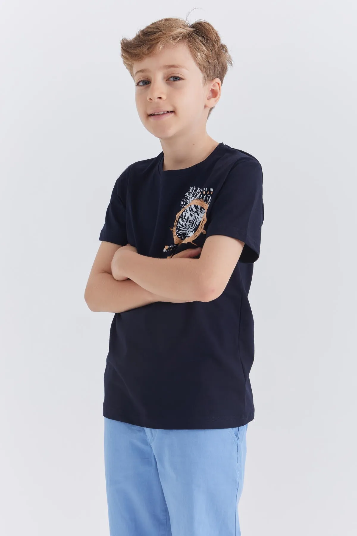 baskili o yaka kisa kollu standart kalip erkek çocuk t-shirt - 10867