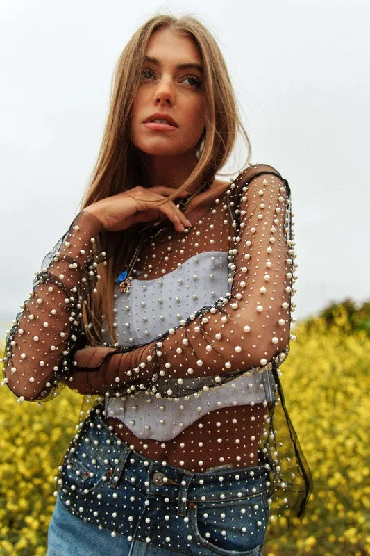 Bead and Pearl Embellished Long Sleeves Mesh Top NEW