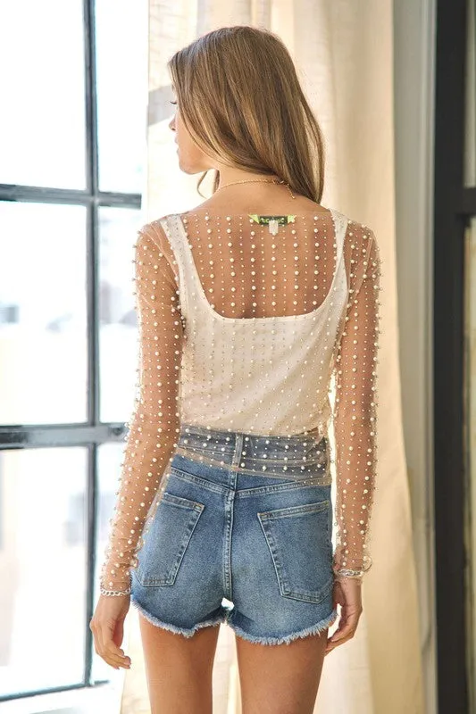 Bead and Pearl Embellished Long Sleeves Mesh Top NEW
