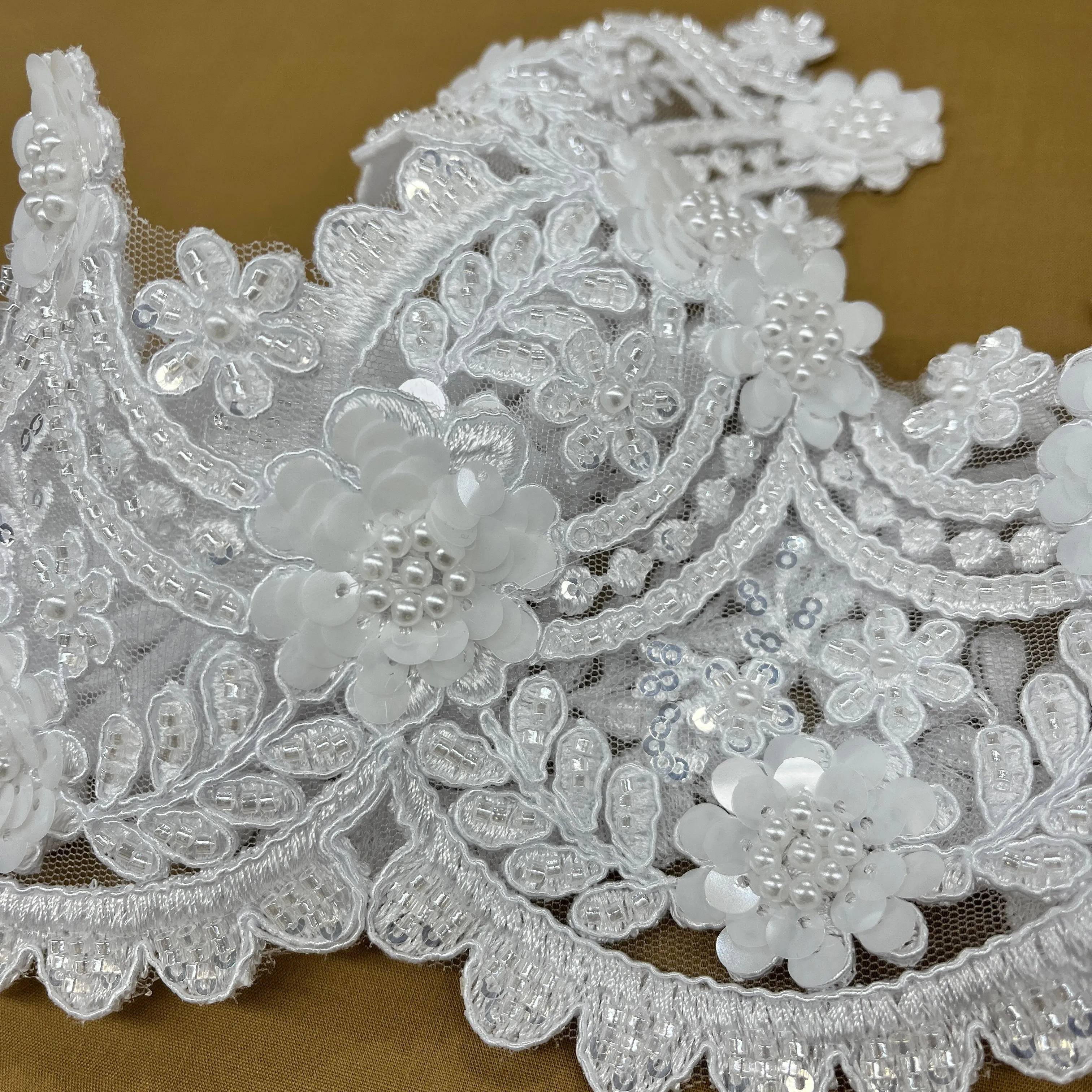 Beaded & Corded Floral Lace Trimming Embroidered on 100% Polyester Net Mesh | Lace USA - 97225W-HB
