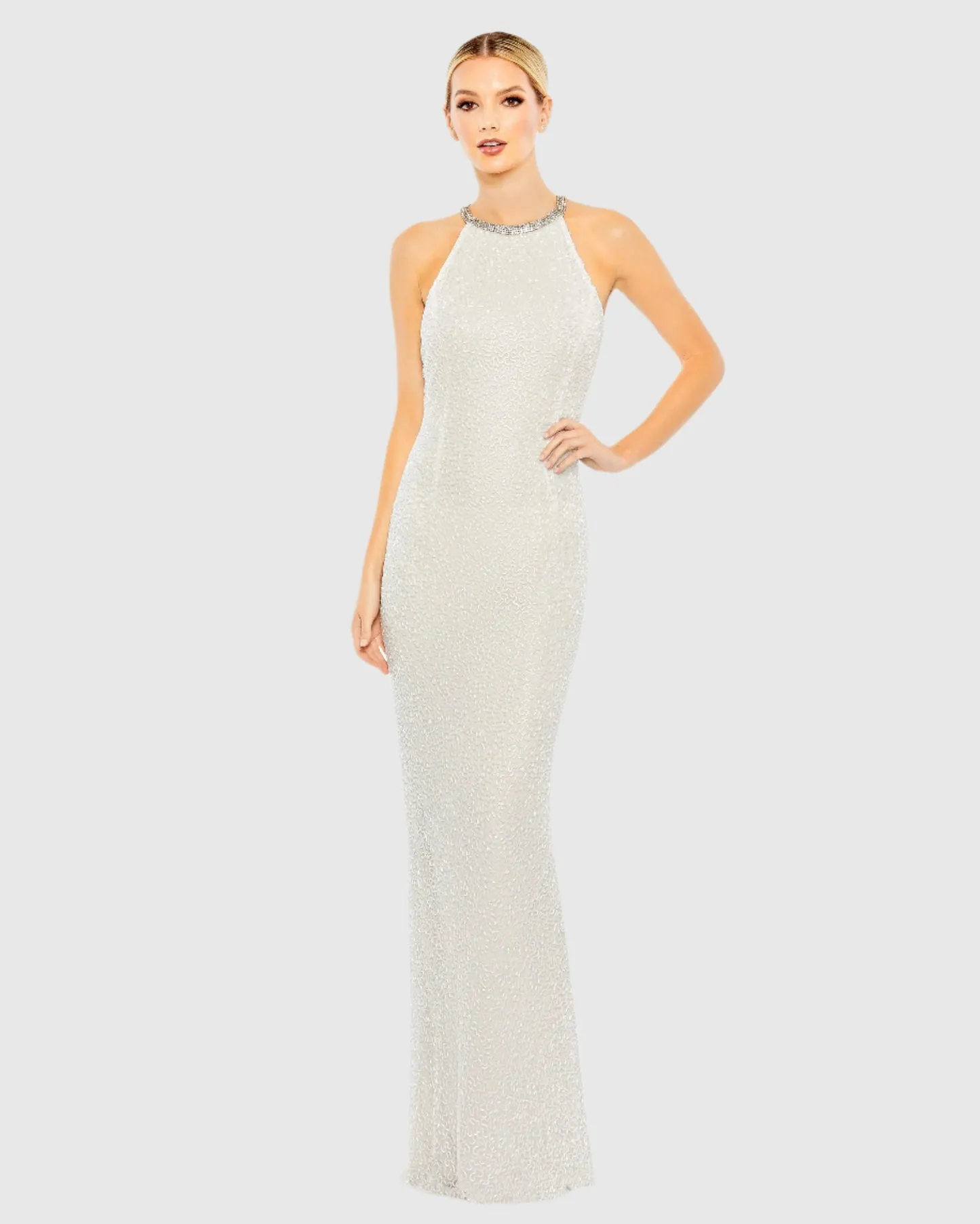 Beaded Sleeveless High Neck Column Gown - Black