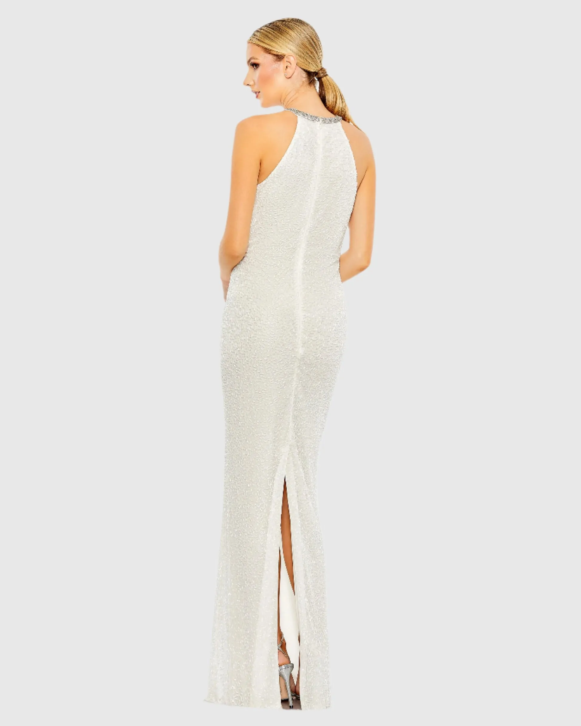 Beaded Sleeveless High Neck Column Gown - Black
