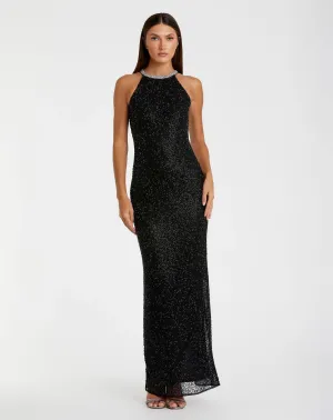Beaded Sleeveless High Neck Column Gown - Black