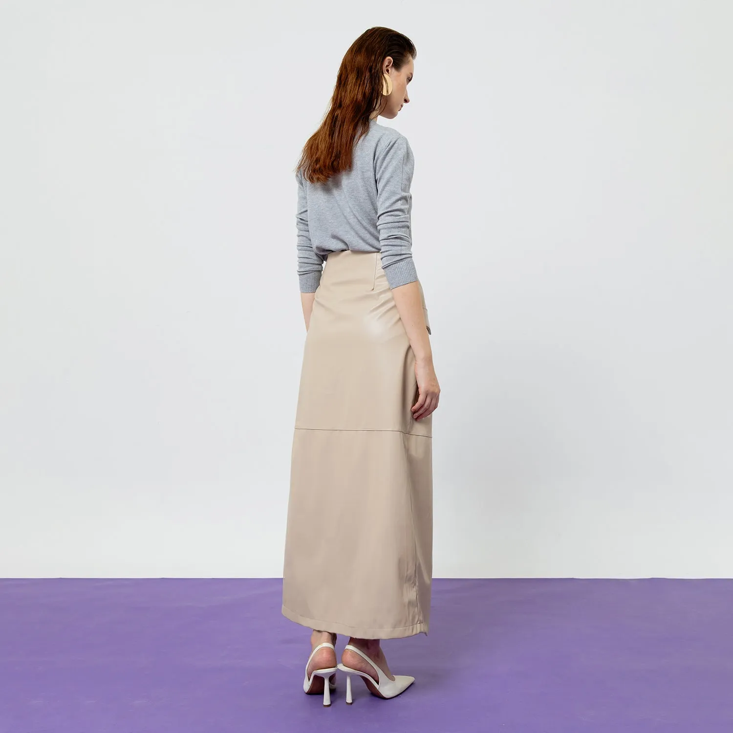 BEATRIX CREME FAUX LEATHER MIDI SKIRT