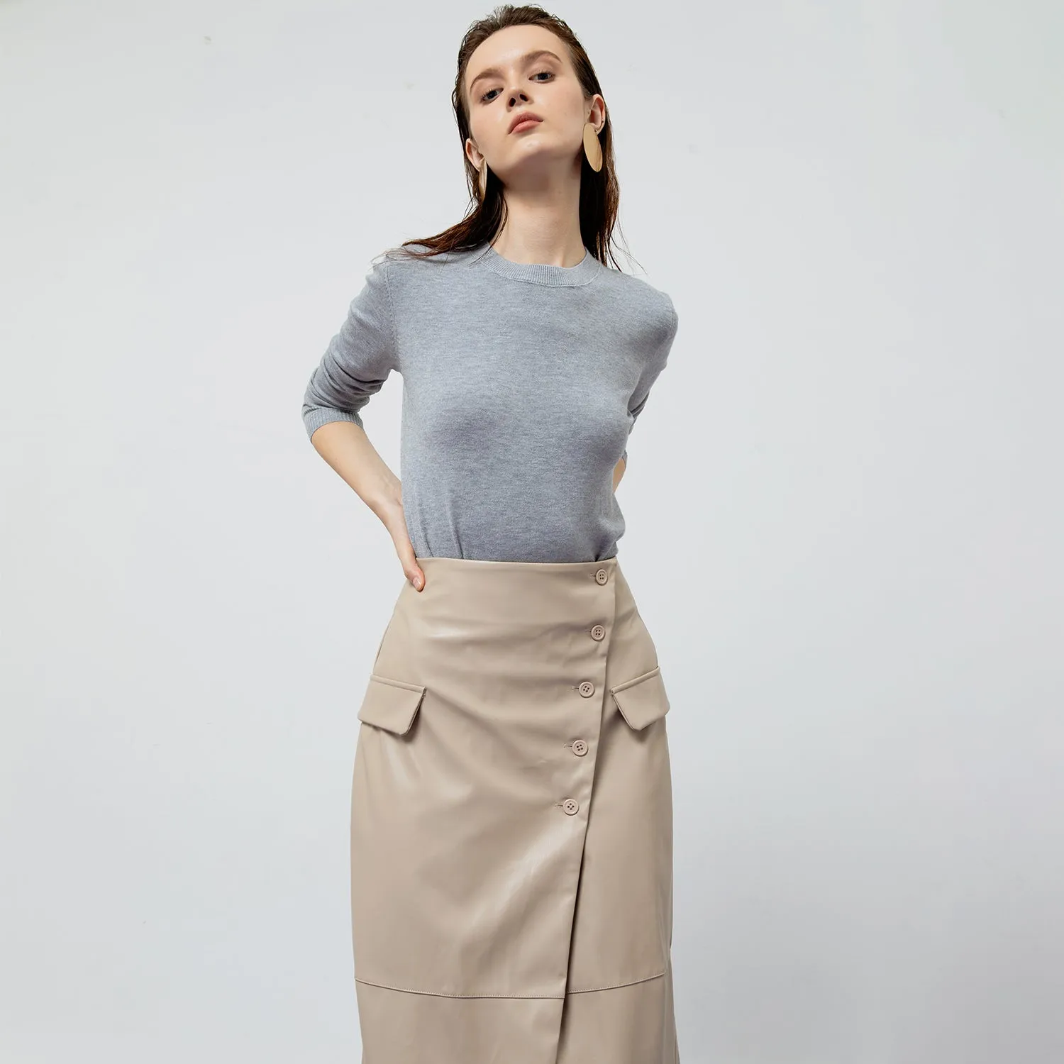 BEATRIX CREME FAUX LEATHER MIDI SKIRT
