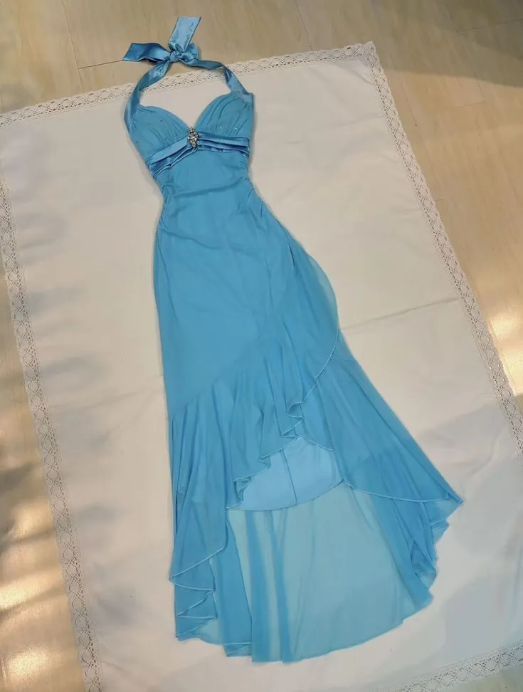 Blue Halter Chiffon Ruffles Sheath Formal Evening Dresses