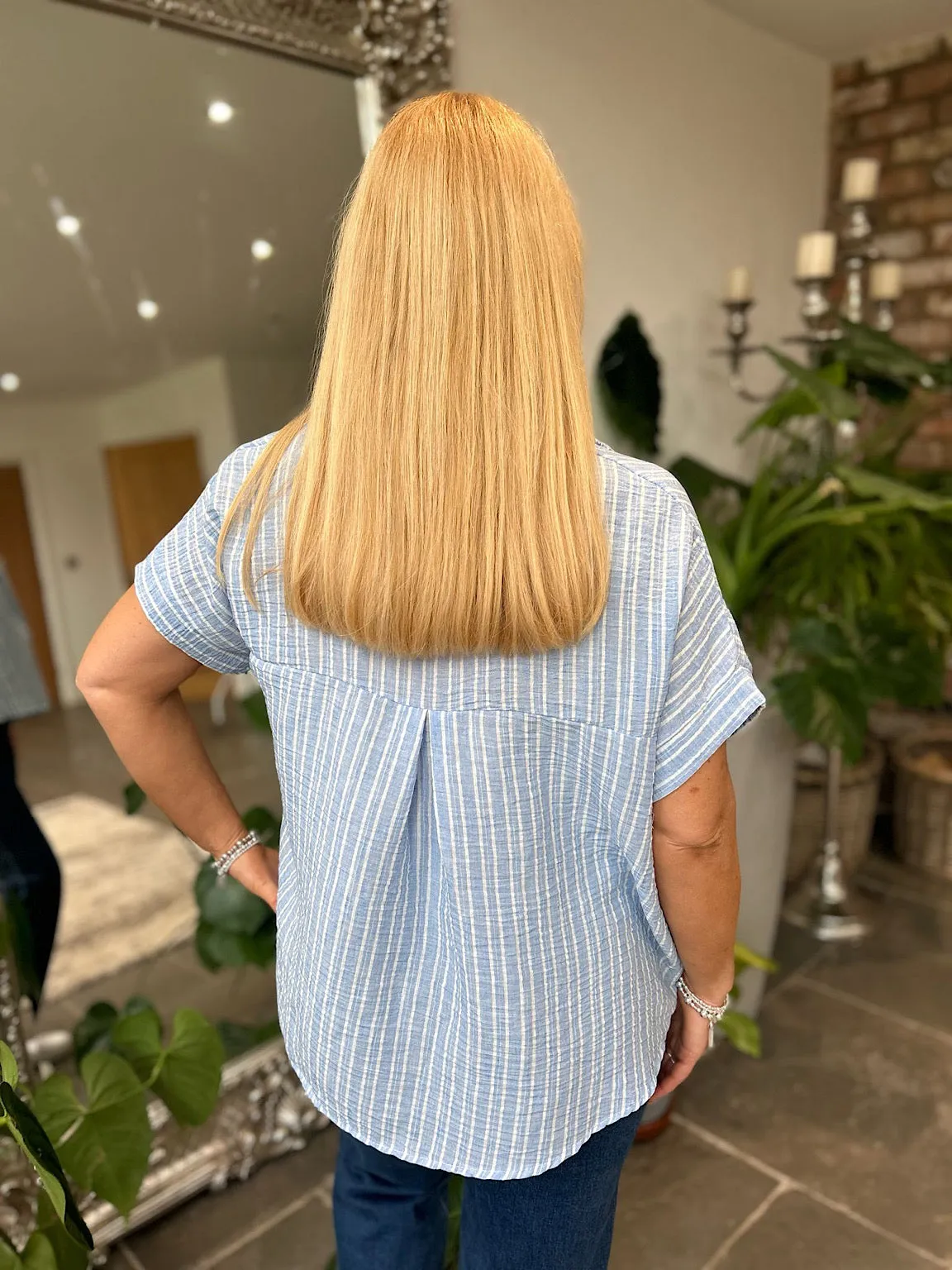 Blue Short Sleeve Striped Blouse Carly