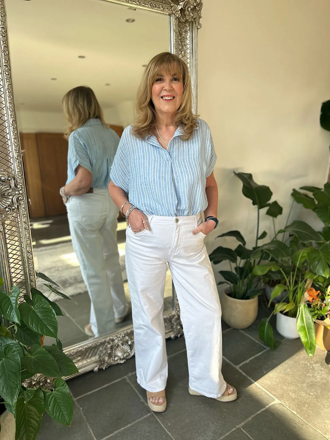 Blue Short Sleeve Striped Blouse Carly
