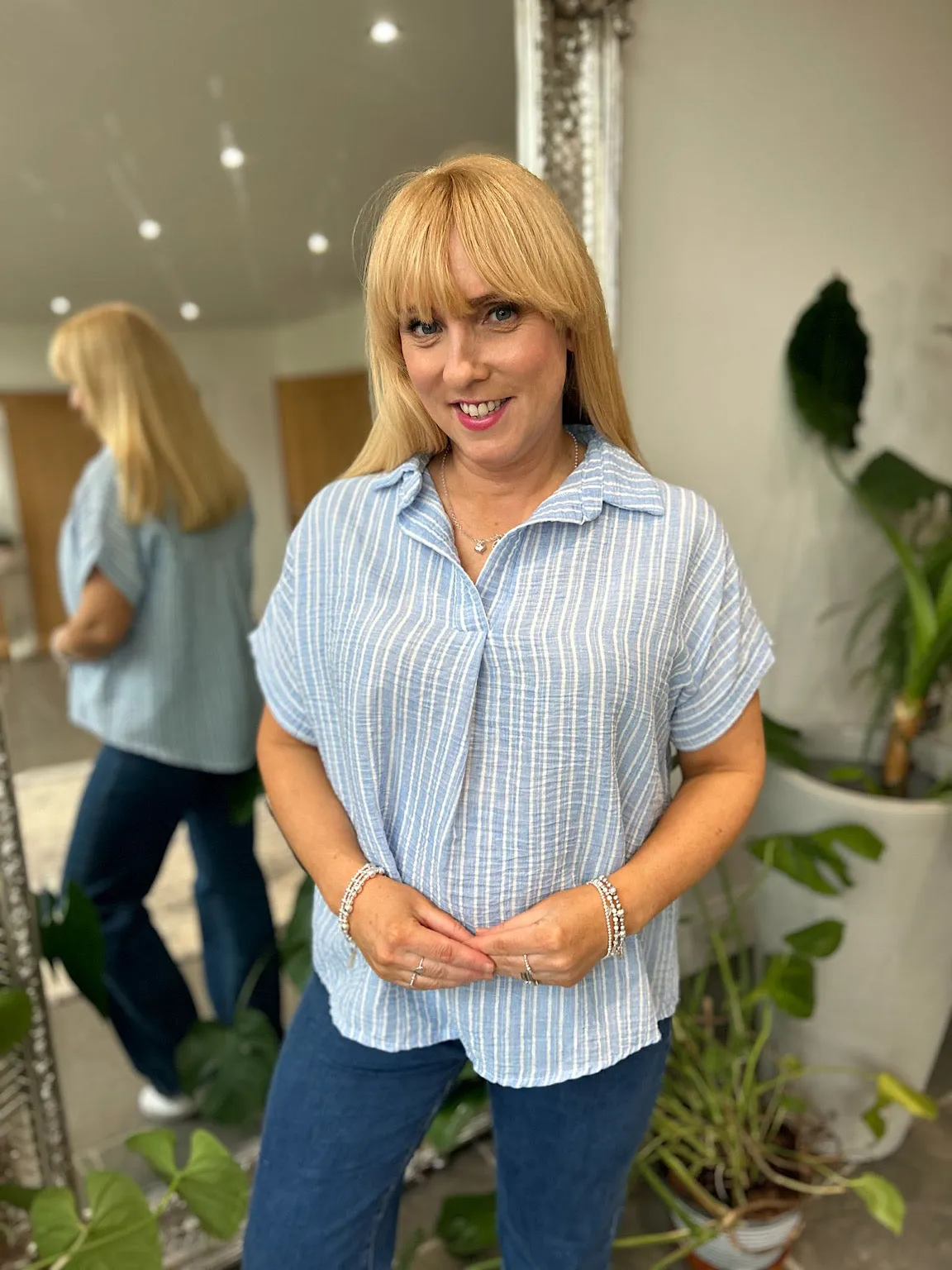 Blue Short Sleeve Striped Blouse Carly