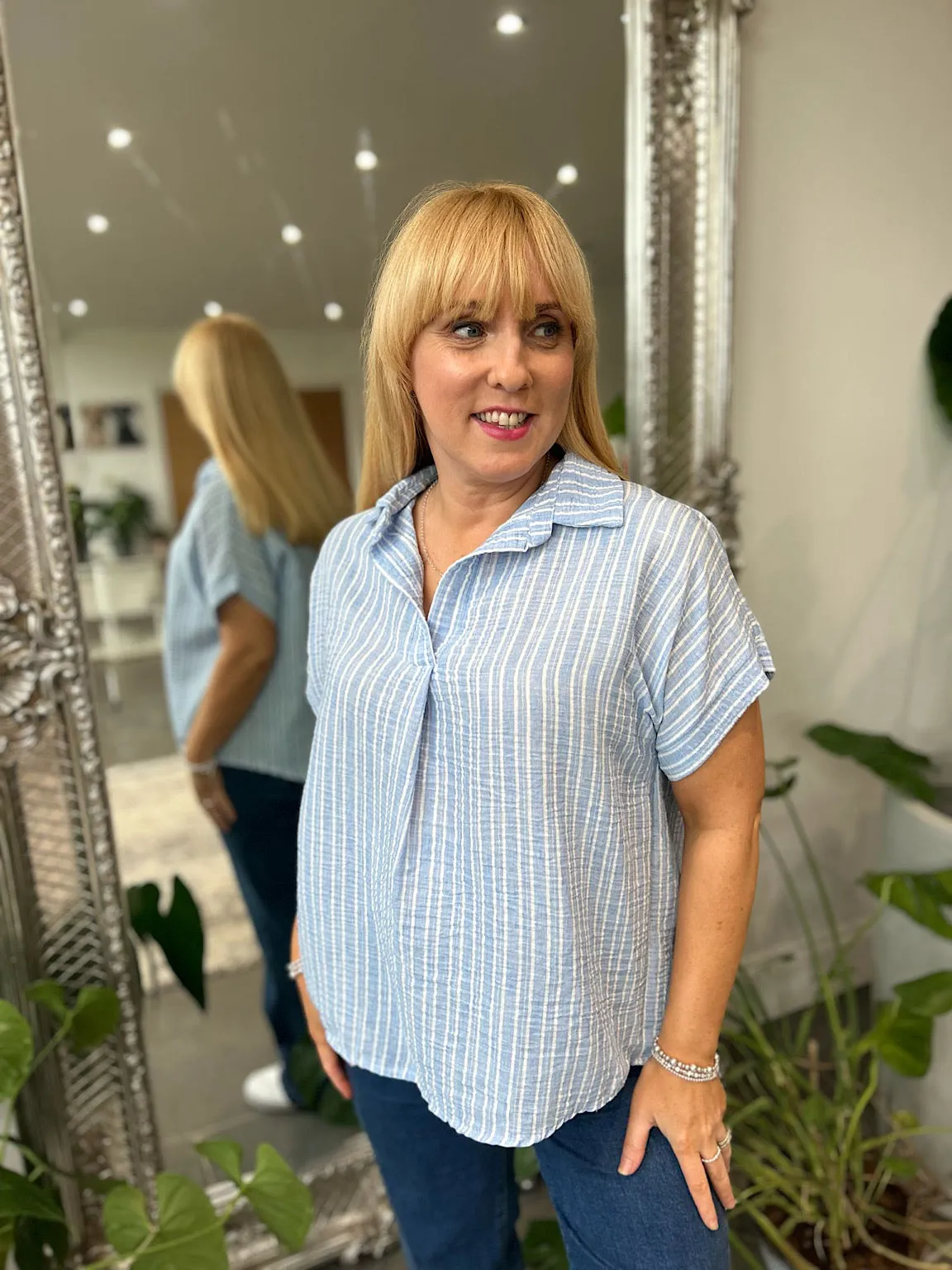 Blue Short Sleeve Striped Blouse Carly
