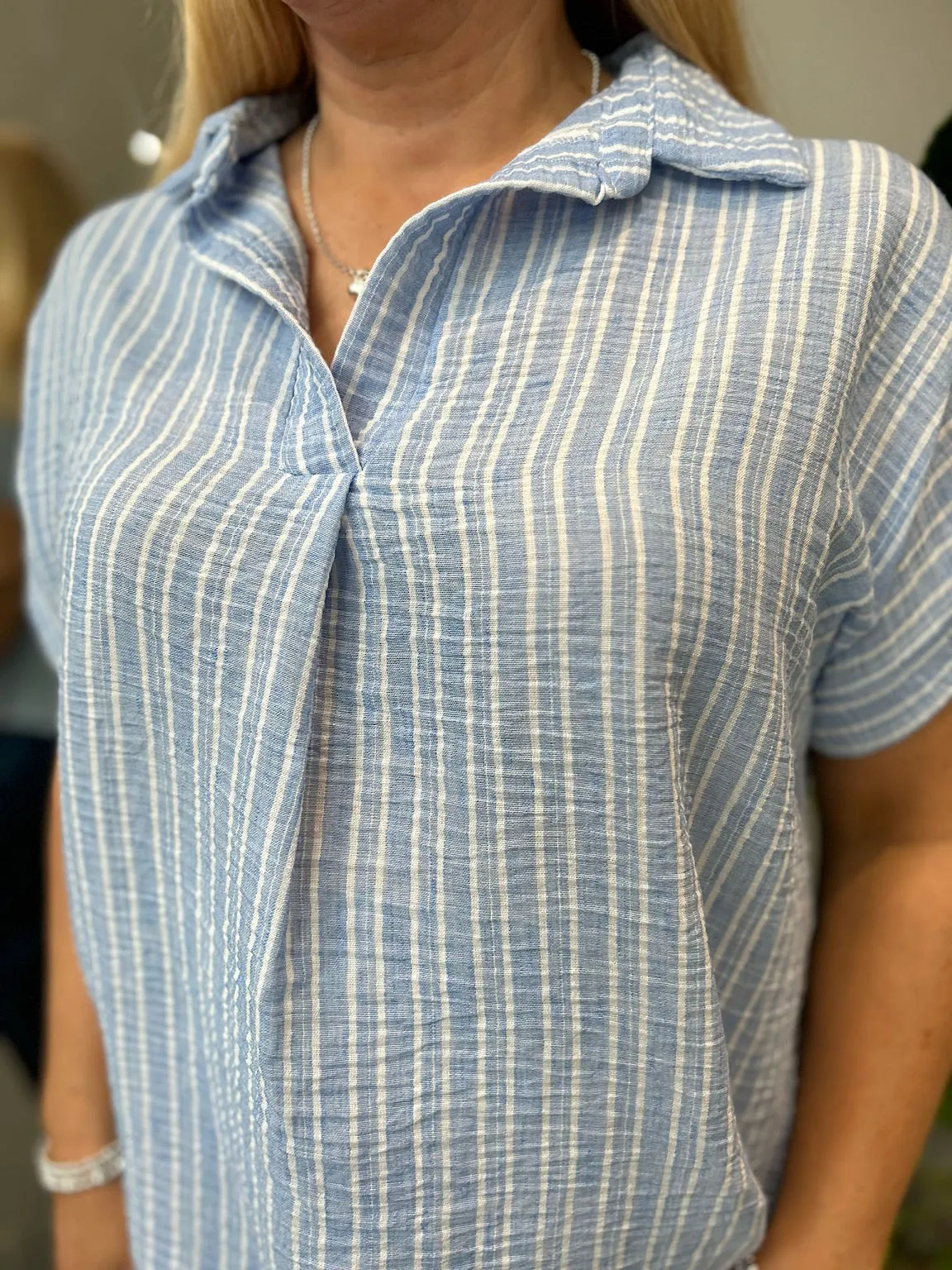 Blue Short Sleeve Striped Blouse Carly