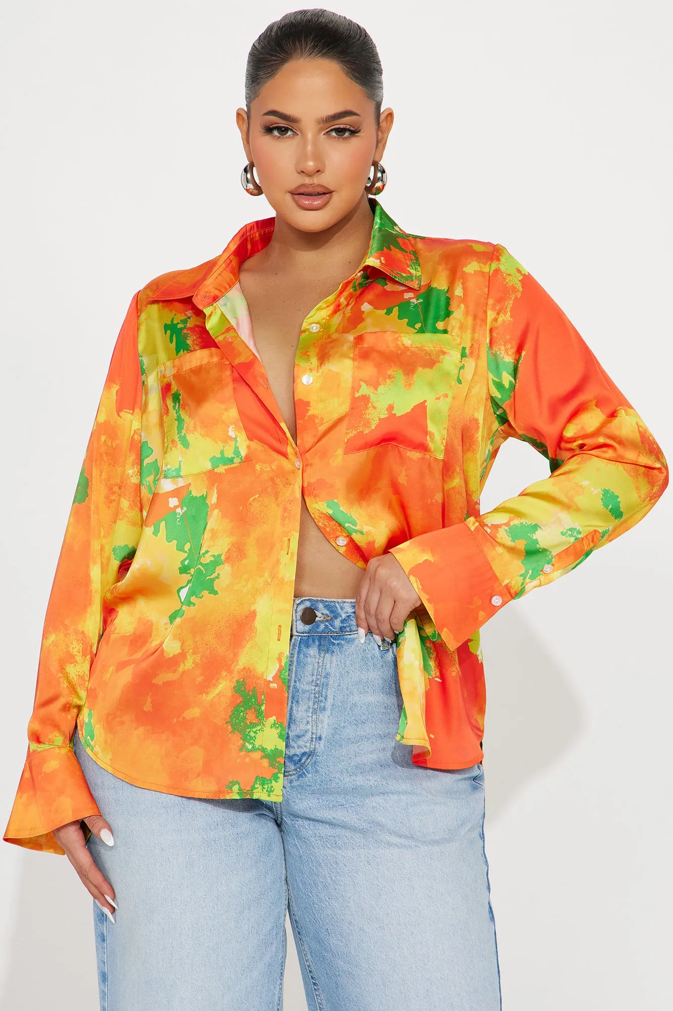 California Dreams Satin Shirt - Orange/combo