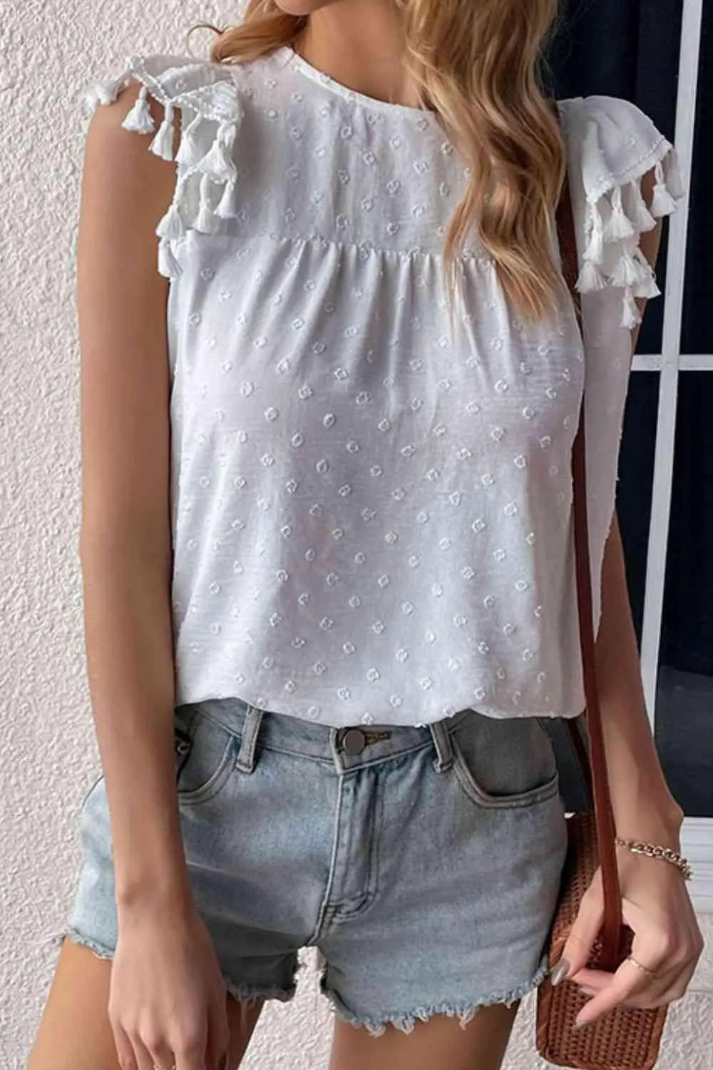 Calm Chic Swiss Dot Tassel Flutter Sleeve Blouse