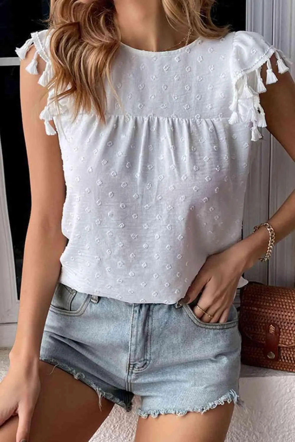 Calm Chic Swiss Dot Tassel Flutter Sleeve Blouse