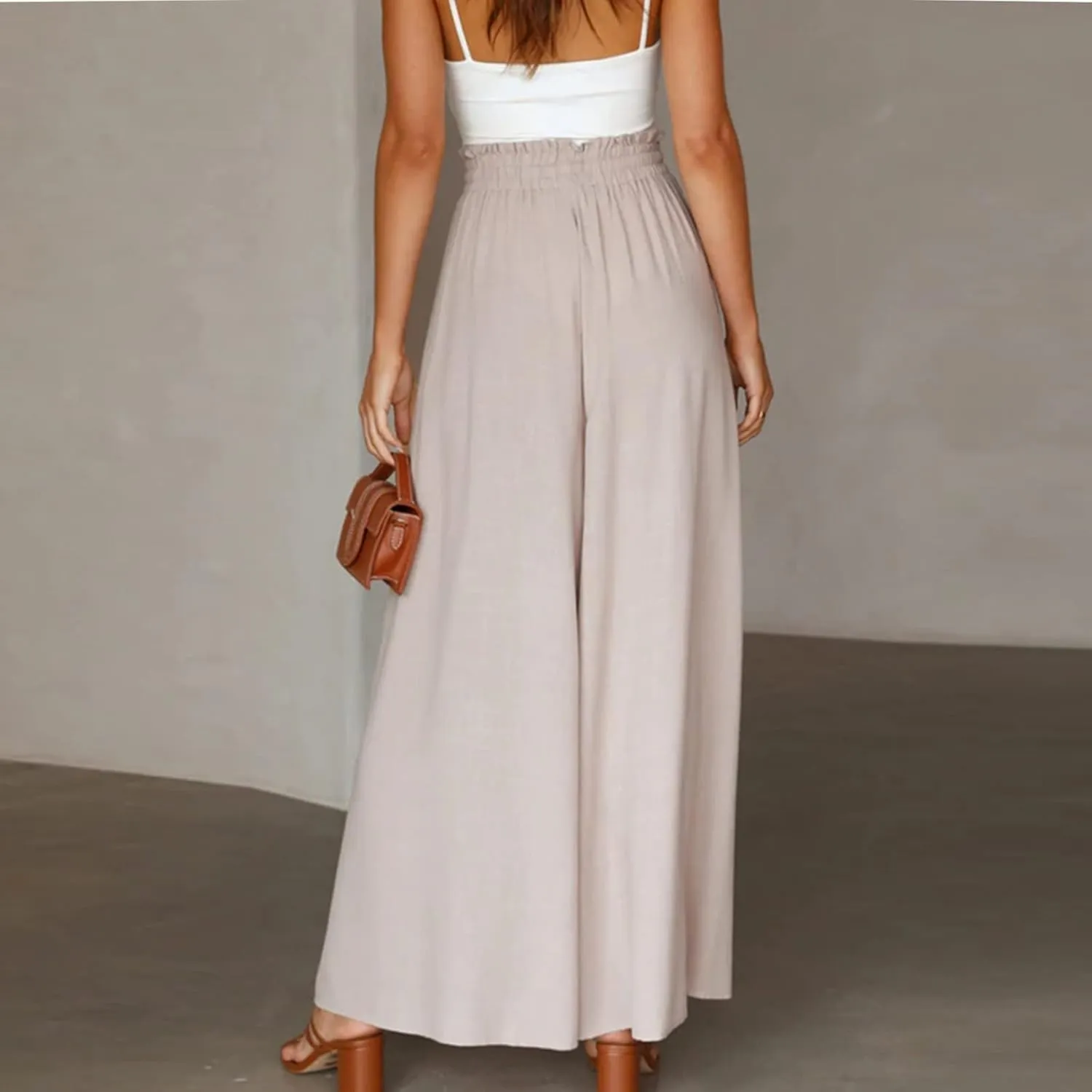 Canbebig Palazzo Pants for Women High Waist Loose Wide Leg Trousers Solid Dressy Culottes Elastic Waist Flowy Classy Pants