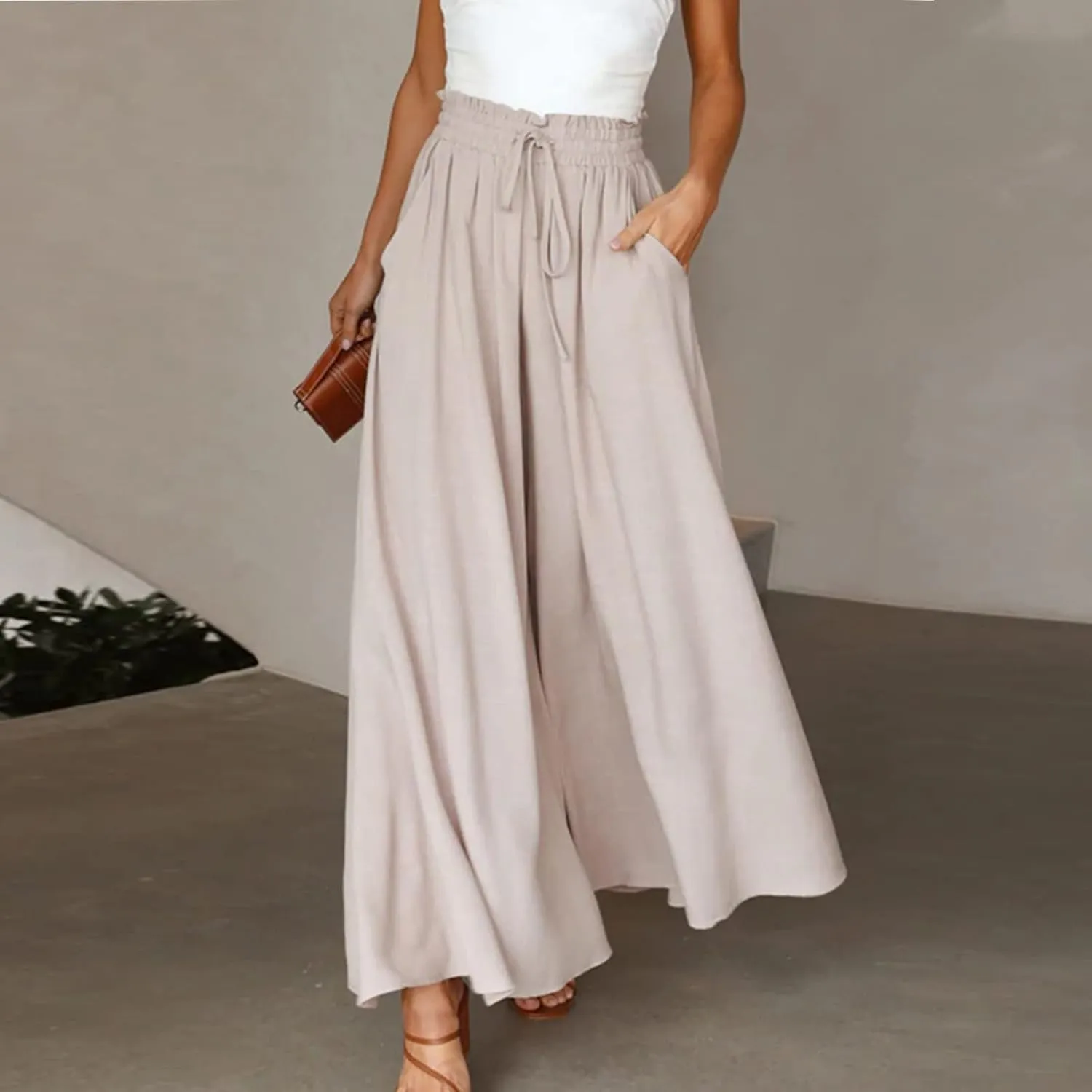 Canbebig Palazzo Pants for Women High Waist Loose Wide Leg Trousers Solid Dressy Culottes Elastic Waist Flowy Classy Pants