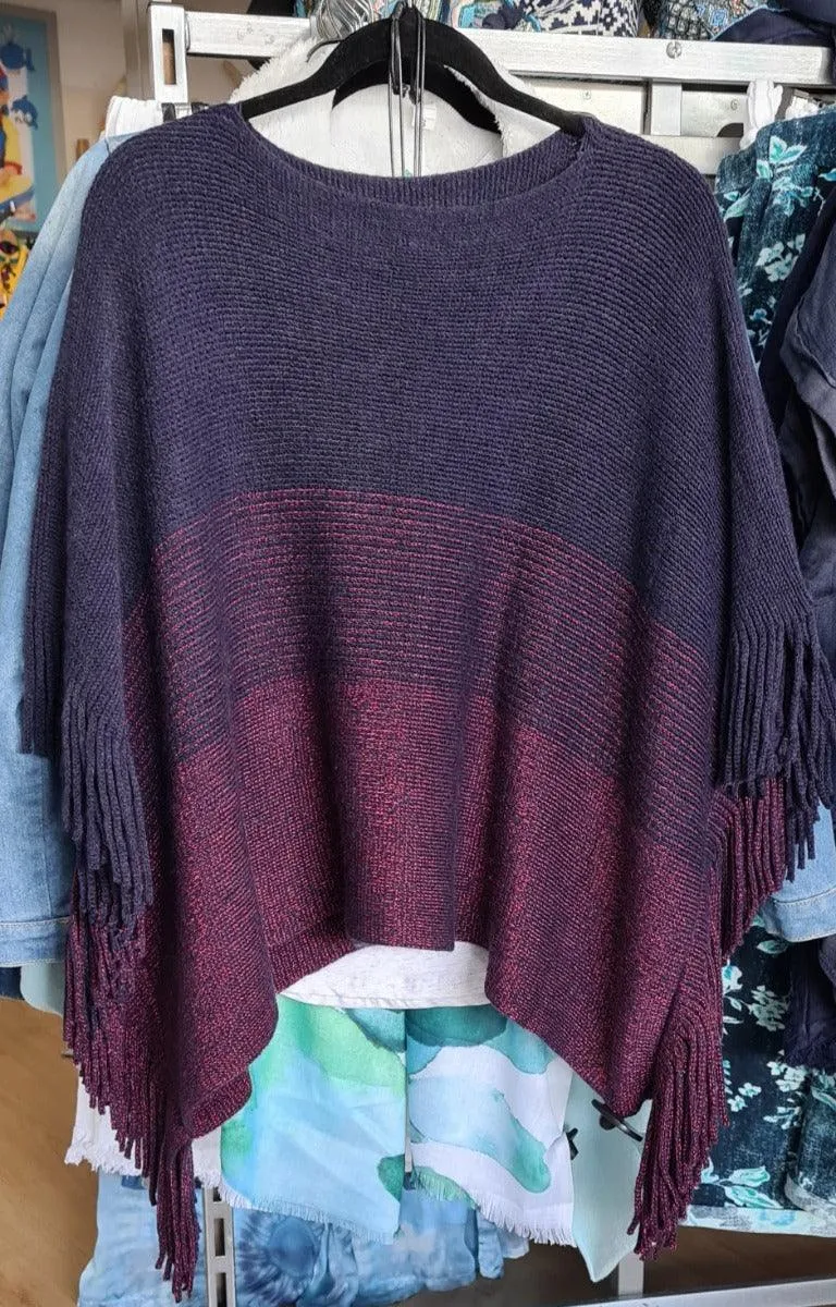 Cashmere Wrap Fringed Red and  Navy Super Soft Poncho