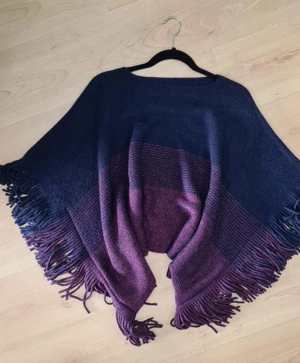 Cashmere Wrap Fringed Red and  Navy Super Soft Poncho
