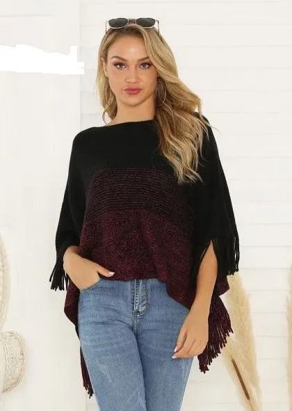 Cashmere Wrap Fringed Red and  Navy Super Soft Poncho