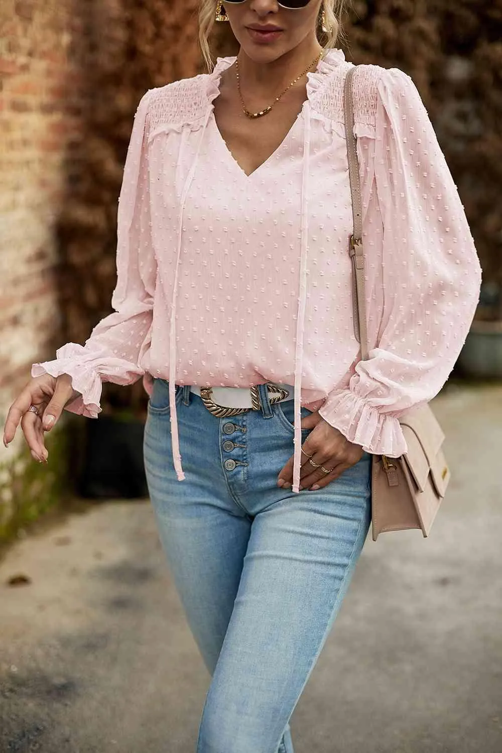 Casual Chic Long Sleeve Swiss Dot Blouse