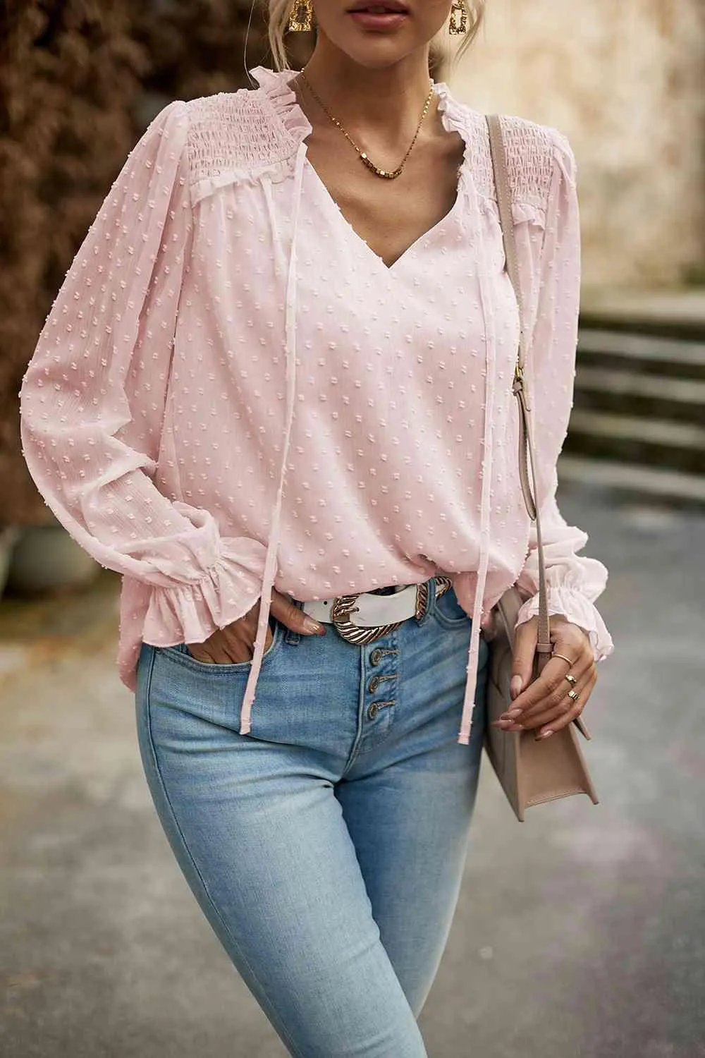 Casual Chic Long Sleeve Swiss Dot Blouse
