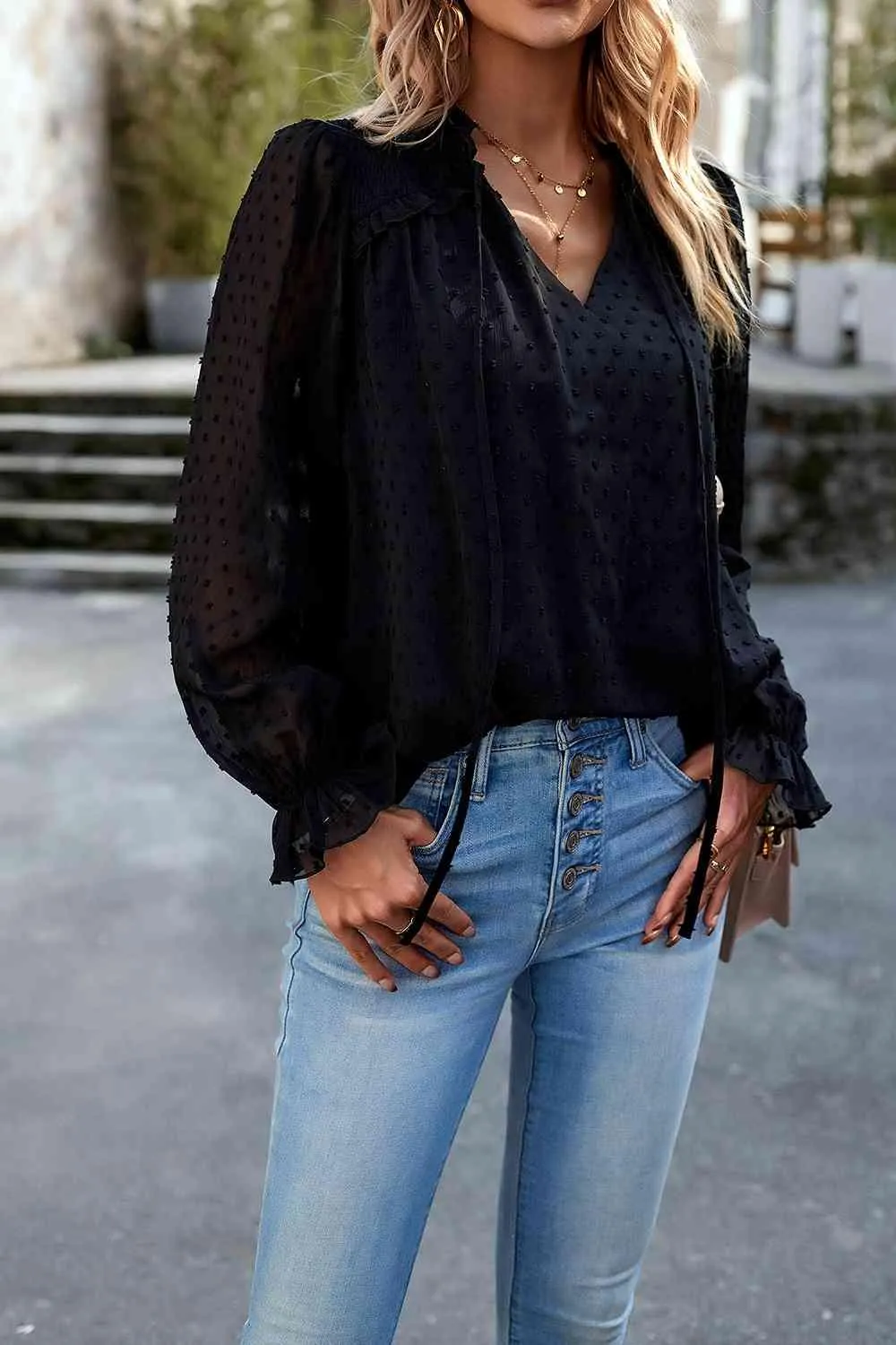 Casual Chic Long Sleeve Swiss Dot Blouse