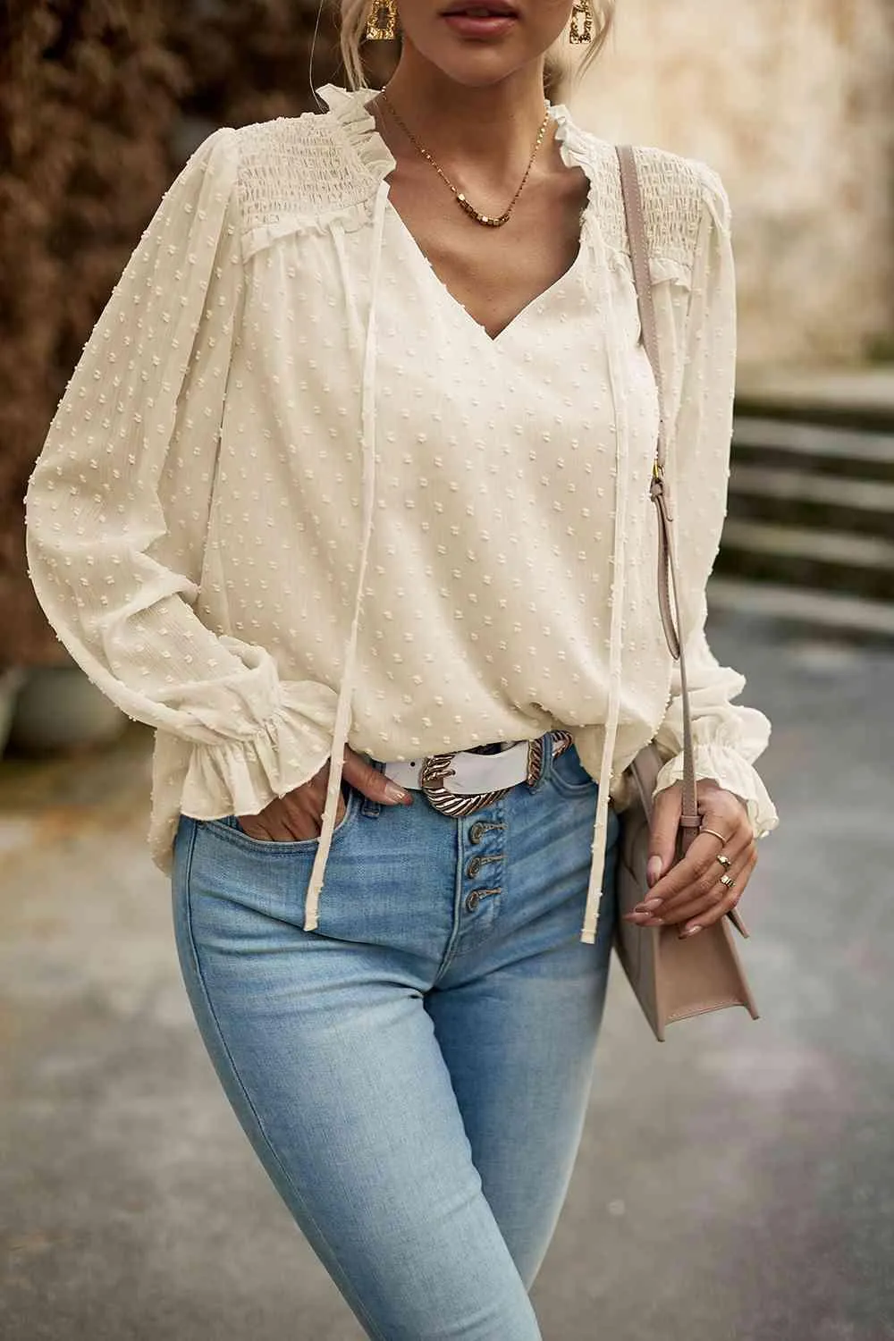 Casual Chic Long Sleeve Swiss Dot Blouse
