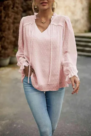 Casual Chic Long Sleeve Swiss Dot Blouse