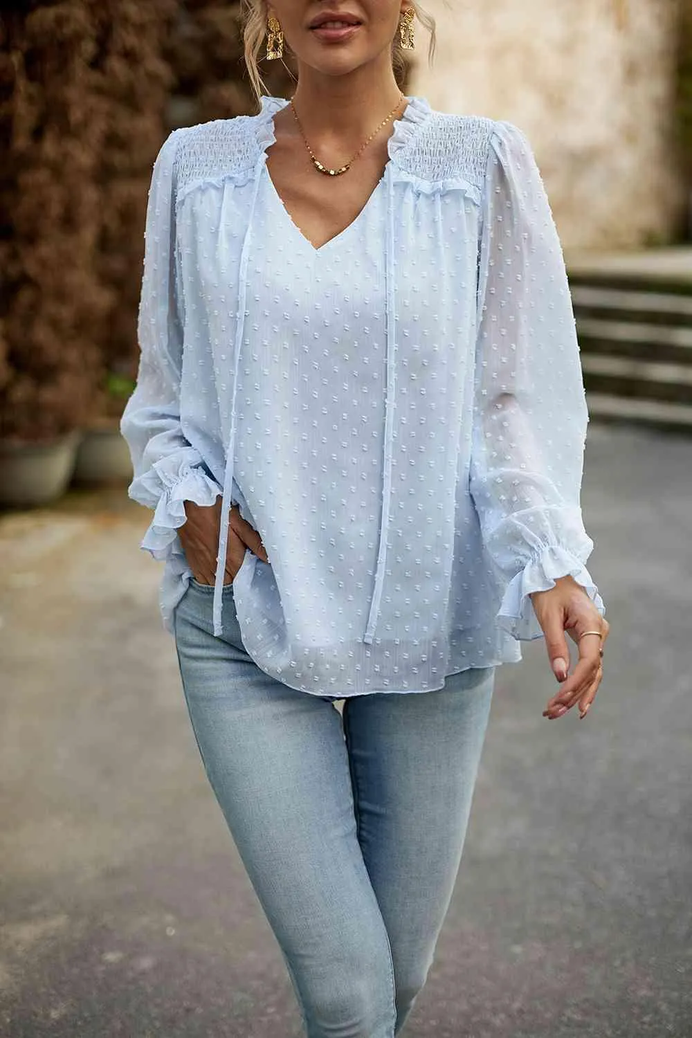 Casual Chic Long Sleeve Swiss Dot Blouse
