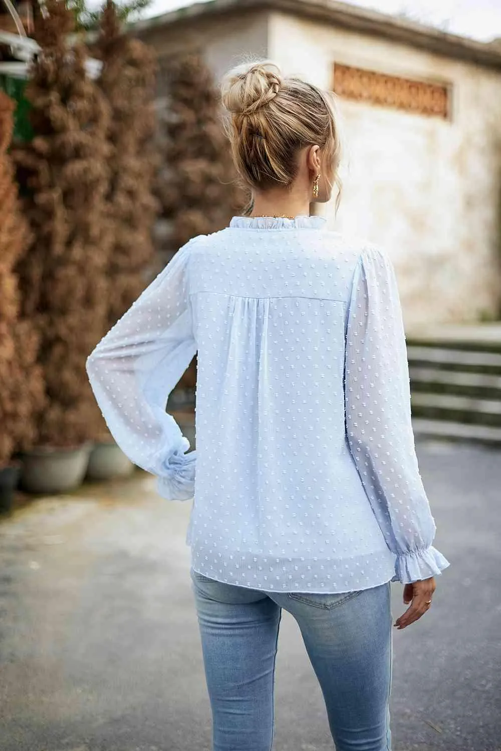 Casual Chic Long Sleeve Swiss Dot Blouse